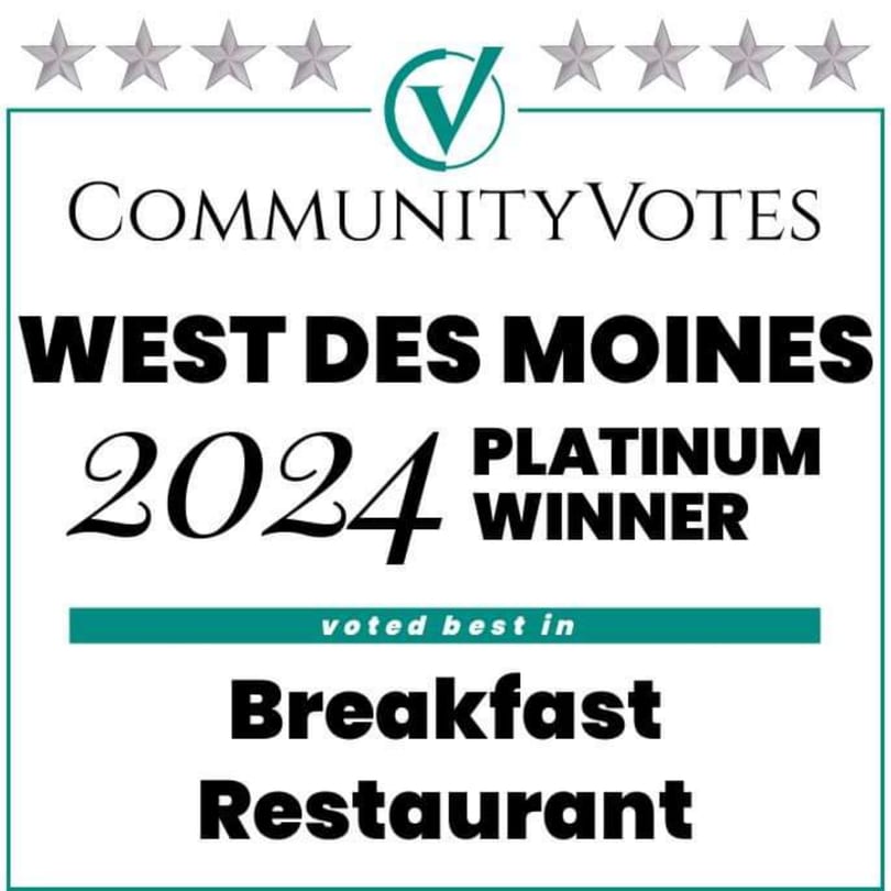 PerKup Cafe's 2024 Community Votes Platinum Winner award for Best Breakfast Restaurant in West Des Moines.