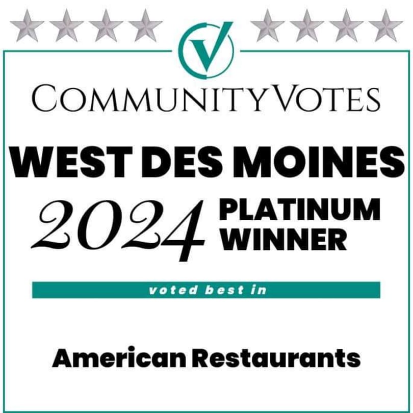 Community Votes West Des Moines 2024 Platinum Winner for American Restaurants award graphic.