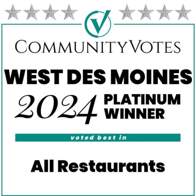 PerKup Cafe's 2024 Community Votes Platinum Winner award for Best Restaurant in West Des Moines.
